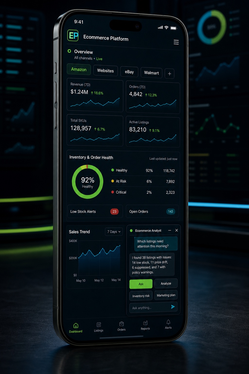 Ecommerce Platform dashboard app shown on an iPhone 17 Pro Max-style phone with analytics and an AI chatbot panel